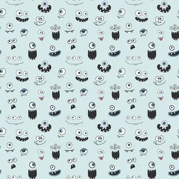 Cute monster faces seamless pattern. Cartoon monsters background. Vector il.. Illustrazione stock