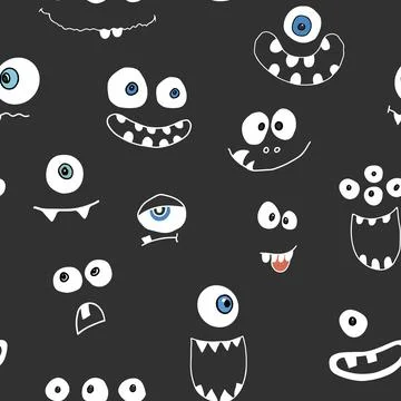 Cute monster faces seamless pattern. Cartoon monsters background. Vector il.. Illustrazione stock