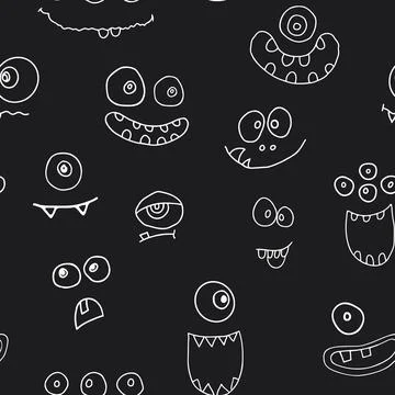 Cute monster faces seamless pattern. Cartoon monsters background. Vector il.. Illustrazione stock
