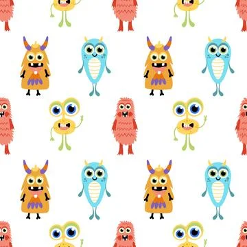 Cute monster seamless pattern. Colorful monsters. Flat, cartoon, vector Stock Illustration