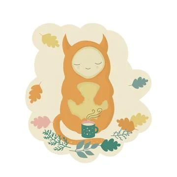 Cute monster spends time drinking a mug of hot tea with milk, cozy autumn p.. Stock Illustration