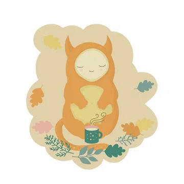 Cute monster spends time drinking a mug of hot tea, cozy autumn weekend Stock Illustration