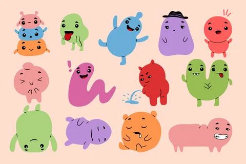 Cute monsters. Doodle creature face. Playful children kawaii animal or alien toy 스톡 일러스트