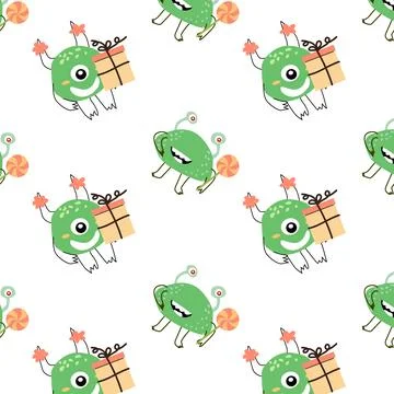 Cute monsters with present box and lollipop childish pattern Stock Illustration