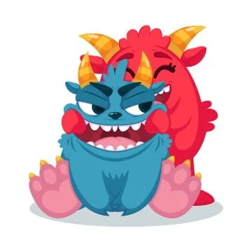 Cute monsters pulls a smile. Flat vector illustration. Print for greeting car Stock Illustration