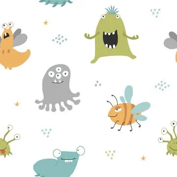 Cute monsters seamless pattern. Cartoon monsters background. Vector illustrat Illustrazione stock