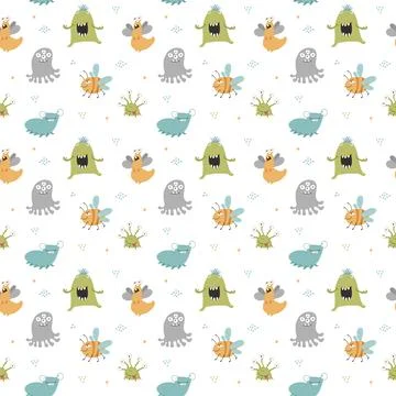 Cute monsters seamless pattern. Cartoon monsters background. Vector illustr.. Stock Illustration