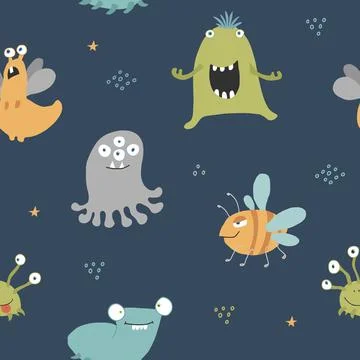 Cute monsters seamless pattern. Cartoon monsters background. Vector illustr.. Illustrazione stock