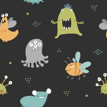 Cute monsters seamless pattern. Cartoon monsters background. Vector illustr.. Stock Illustration