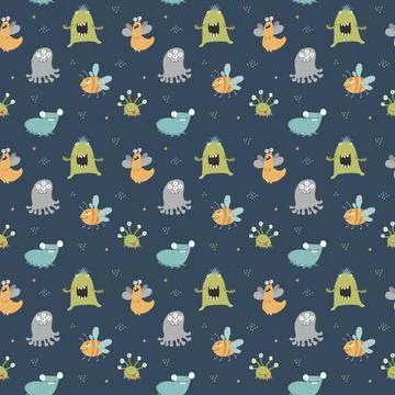 Cute monsters seamless pattern. Cartoon monsters background. Vector illustr.. Stockillustratie