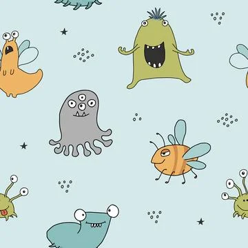 Cute monsters seamless pattern. Cartoon monsters background. Vector illustr.. 스톡 일러스트
