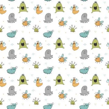 Cute monsters seamless pattern. Cartoon monsters background. Vector illustr.. 库存插图