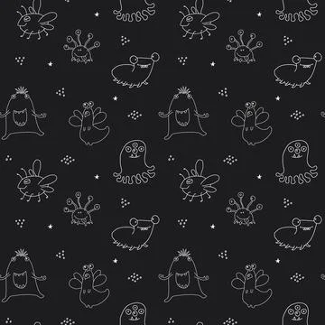 Cute monsters seamless pattern. Cartoon monsters background. Vector illustr.. 스톡 일러스트