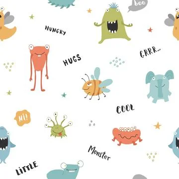Cute monsters seamless pattern. Cartoon monsters background. Vector illustr.. 스톡 일러스트