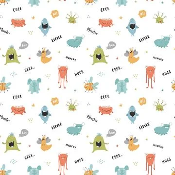 Cute monsters seamless pattern. Cartoon monsters background. Vector illustr.. 스톡 일러스트
