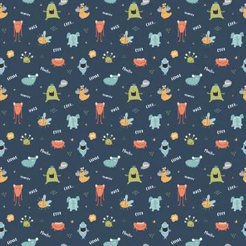 Cute monsters seamless pattern. Cartoon monsters background. Vector illustr.. Illustrazione stock