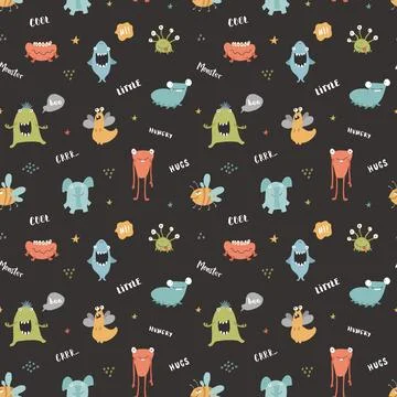 Cute monsters seamless pattern. Cartoon monsters background. Vector illustr.. 스톡 일러스트