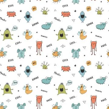 Cute monsters seamless pattern. Cartoon monsters background. Vector illustr.. Stock Illustration
