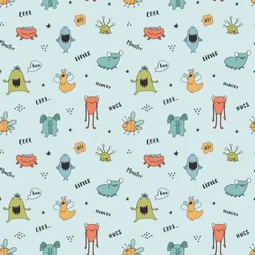 Cute monsters seamless pattern. Cartoon monsters background. Vector illustr.. Illustrazione stock