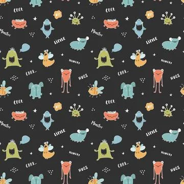 Cute monsters seamless pattern. Cartoon monsters background. Vector illustr.. 스톡 일러스트