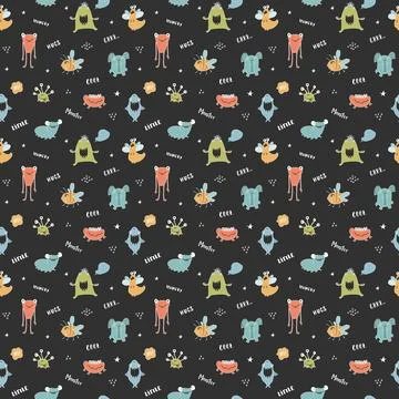 Cute monsters seamless pattern. Cartoon monsters background. Vector illustr.. Stock Illustration