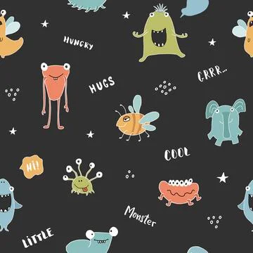 Cute monsters seamless pattern. Cartoon monsters background. Vector illustr.. 스톡 일러스트