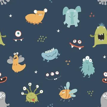 Cute monsters seamless pattern. Cartoon monsters background. Vector illustr.. 库存插图