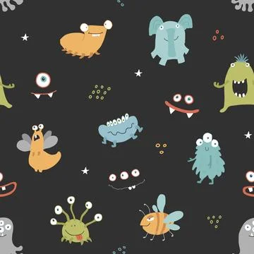 Cute monsters seamless pattern. Cartoon monsters background. Vector illustr.. 스톡 일러스트
