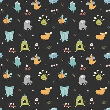 Cute monsters seamless pattern. Cartoon monsters background. Vector illustr.. 스톡 일러스트