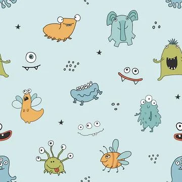Cute monsters seamless pattern. Cartoon monsters background. Vector illustr.. Illustrazione stock
