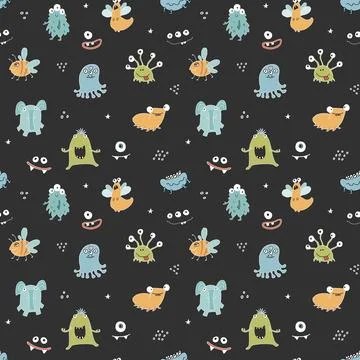 Cute monsters seamless pattern. Cartoon monsters background. Vector illustr.. Stock Illustration