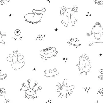 Cute monsters seamless pattern. Cartoon monsters background. Vector illustr.. Illustrazione stock