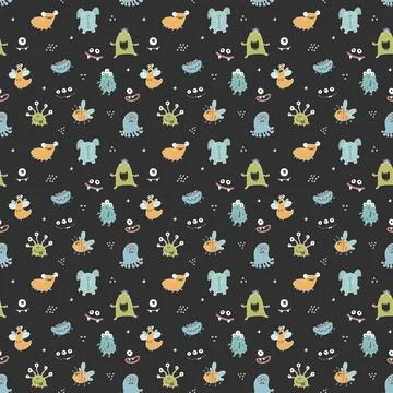 Cute monsters seamless pattern. Cartoon monsters background. Vector illustr.. 스톡 일러스트
