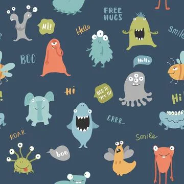 Cute monsters seamless pattern. Cartoon monsters background. Vector illustr.. 库存插图