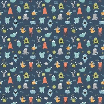 Cute monsters seamless pattern. Cartoon monsters background. Vector illustr.. Illustrazione stock