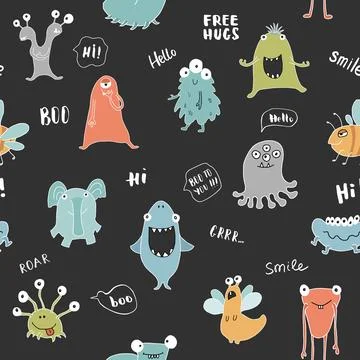 Cute monsters seamless pattern. Cartoon monsters background. Vector illustr.. Stockillustratie