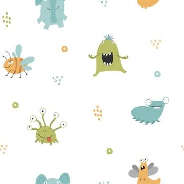 Cute monsters seamless pattern. Cartoon monsters background. Vector illustr.. Stock Illustration