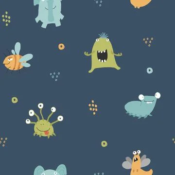Cute monsters seamless pattern. Cartoon monsters background. Vector illustr.. Illustrazione stock