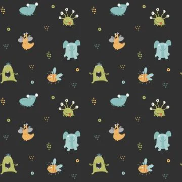 Cute monsters seamless pattern. Cartoon monsters background. Vector illustr.. Stock Illustration
