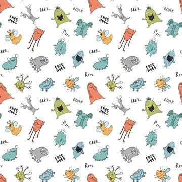 Cute monsters seamless pattern. Cartoon monsters background. Vector illustr.. Stock Illustration