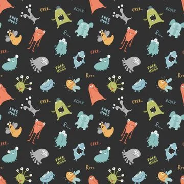 Cute monsters seamless pattern. Cartoon monsters background. Vector illustr.. 스톡 일러스트