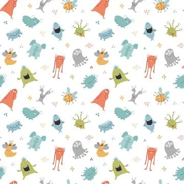 Cute monsters seamless pattern. Cartoon monsters background. Vector illustr.. Stock Illustration