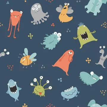 Cute monsters seamless pattern. Cartoon monsters background. Vector illustr.. Illustrazione stock