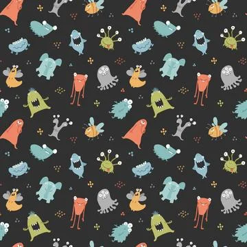 Cute monsters seamless pattern. Cartoon monsters background. Vector illustr.. 库存插图