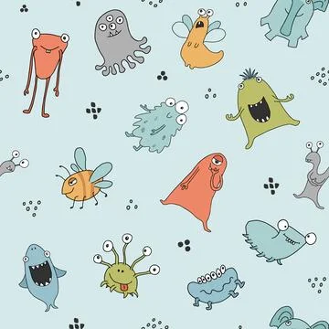 Cute monsters seamless pattern. Cartoon monsters background. Vector illustr.. 스톡 일러스트