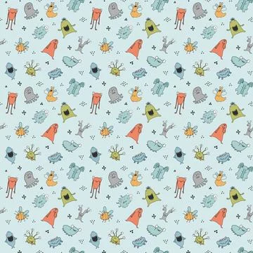 Cute monsters seamless pattern. Cartoon monsters background. Vector illustr.. Illustrazione stock