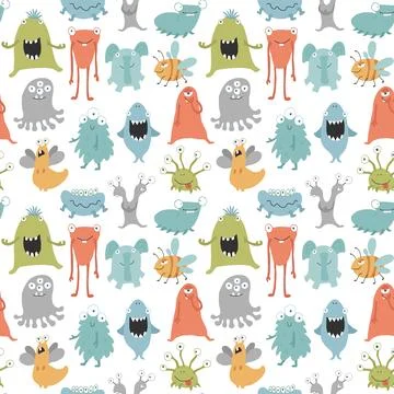 Cute monsters seamless pattern. Cartoon monsters background. Vector illustr.. 스톡 일러스트