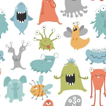 Cute monsters seamless pattern. Cartoon monsters background. Vector illustr.. Stock Illustration