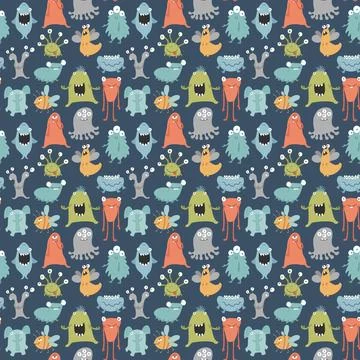 Cute monsters seamless pattern. Cartoon monsters background. Vector illustr.. Illustrazione stock