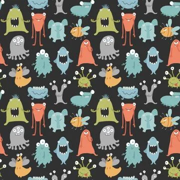 Cute monsters seamless pattern. Cartoon monsters background. Vector illustr.. Illustrazione stock